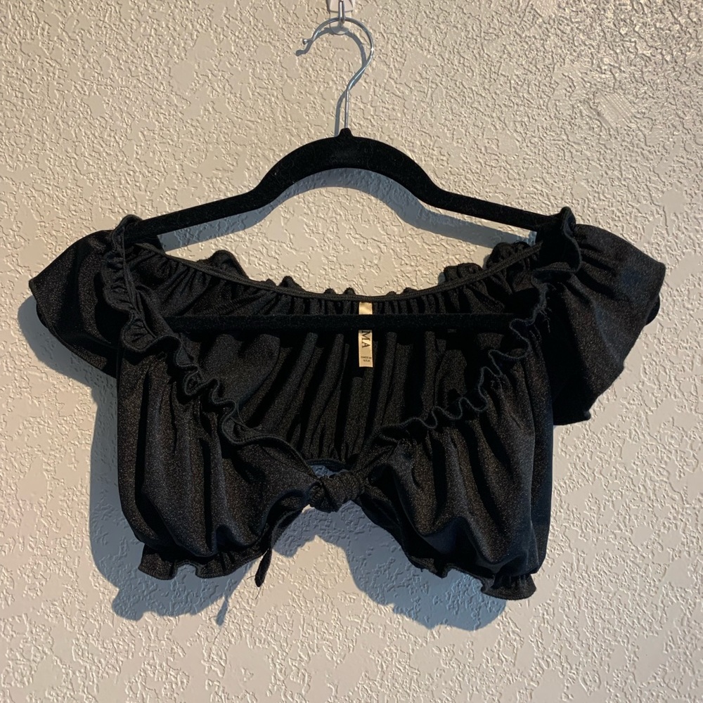Black ruffle front tie crop top